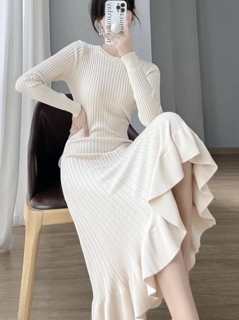 Knitted Dress For Women Autumn And Winter Slim Fit Long Style Hip Wrapped Lotus Leaf Edge Fish Tail Base Sweater Dress w967