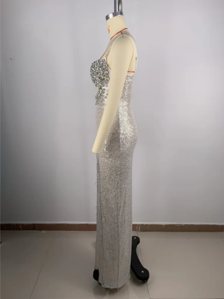 2024 New Arrival Women Sleeveless Sexy V-Neck Shinning Sequins Crystal Long Dress Elegant Evening Party Celebrate Dress Vestido