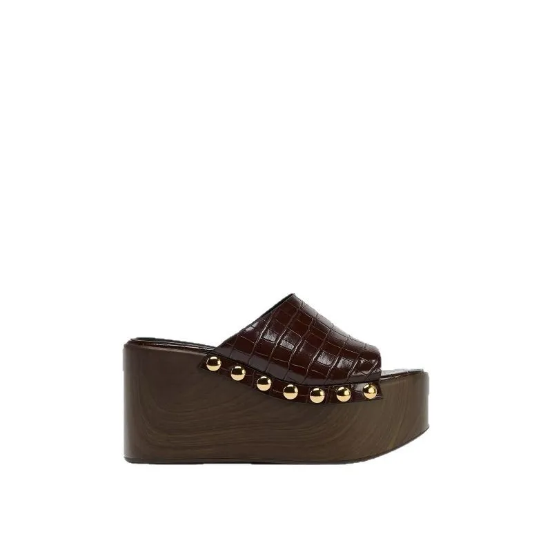 

Новинка 2023 года, женские сандалии с заклепками и животным узором, Thi Heel Slope Follow Beach Wood ain, без шнуровки, модная синтетическая кожа