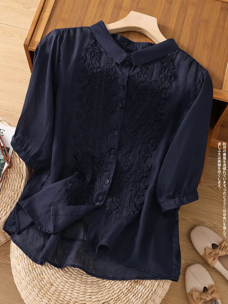 

Retro Embroidered Linen irt Women's Collar Five Sve Flap Linen Top High End Japanese Brand Loose Fit Summer Faion