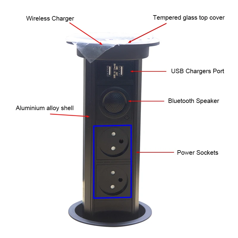 Black Type-H Israel Electrical Pop Up Sockets Plug Outlets 2 USB Ports Qi Wireless Fast Charger Desktop Power Strip