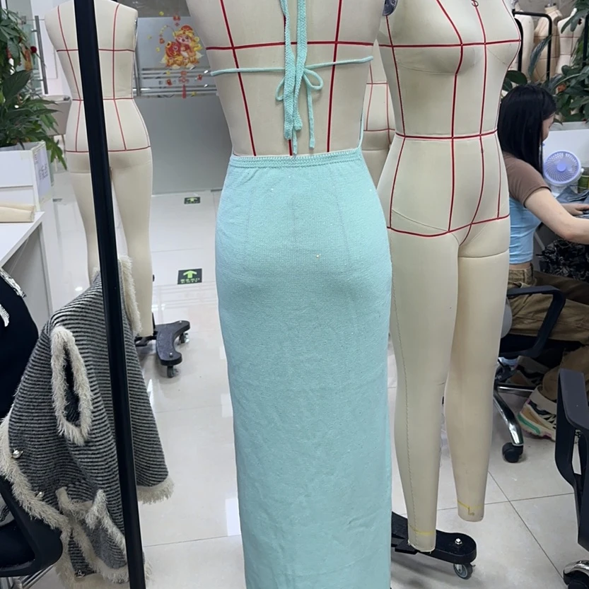 2025 Women's 3D Flower Halter Neck Soild Knit Dress Sleeveless Tie Backless Bodycon Deep V-neck Long Dress Summer Beach Dress