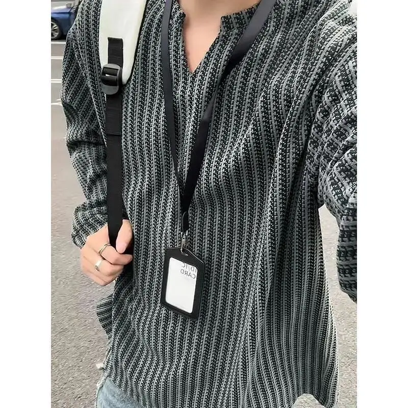 

Мужская футболка с V-образным вырезом и длинным рукавом, базовая, для ношения под одеждой, в полоску, из полиэстера, повседневная, для пар