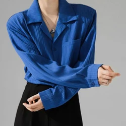 Solid Notched Neck Texture Shirt Sunscreen Blue White Spring Summer Long Sleeve Pocket Mens Blouse'