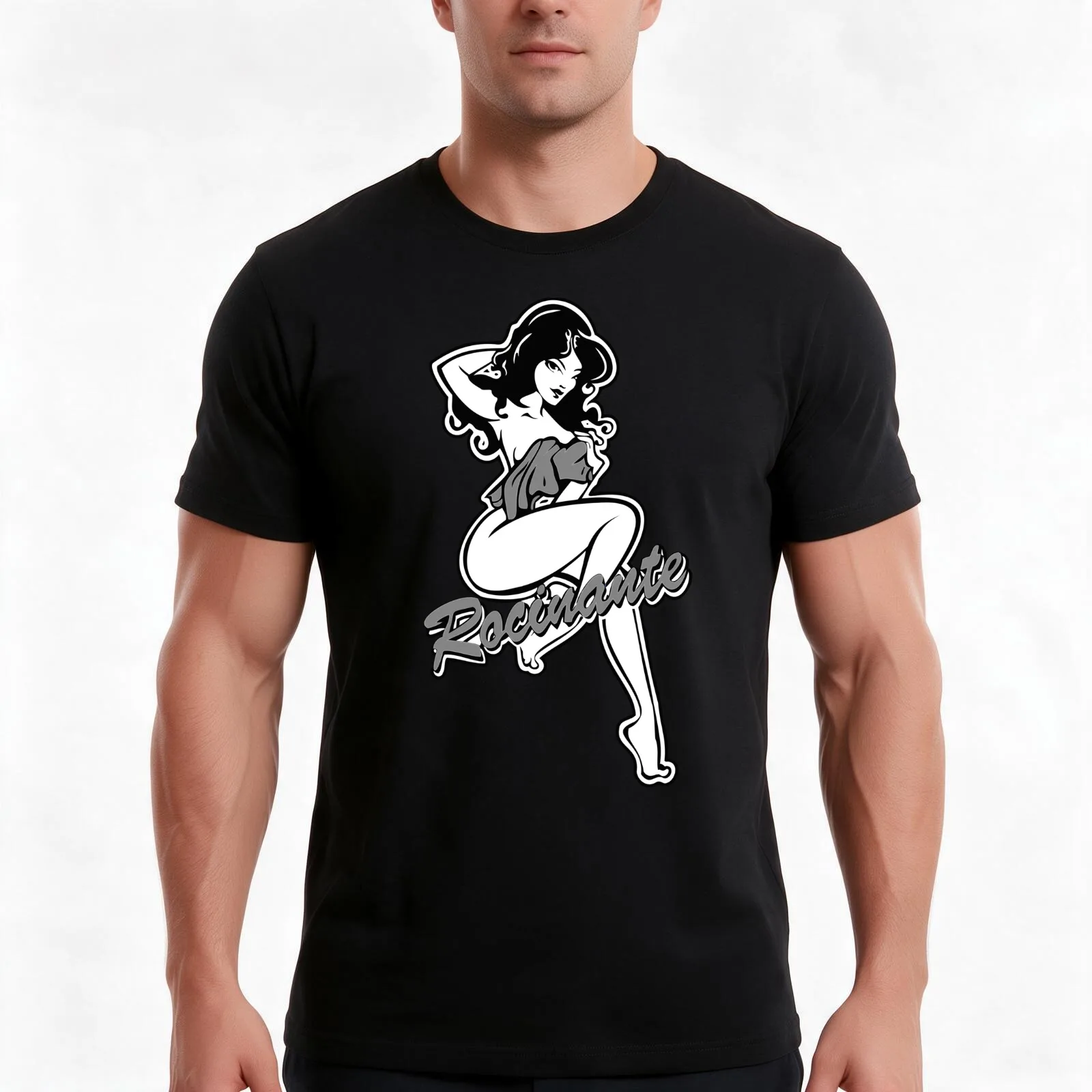 Rocinante Pin-Up Gal - Grayscale... T-Shirt, Summer Casual Cotton Tee, Oversized Streetwear Tops, Vintage Graphic Print