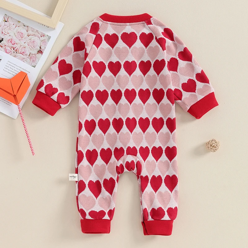 Baby Girl Cute manica lunga Button Down Heart Print Knit pagliaccetto tuta Top Infant Valentine maglione