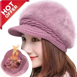 New Women Winter Beret Hats Thick Knitted Rabbit Fur Caps Wool Knitted Female Berets Warm Cap Skullies Cabbie Beanies Hats