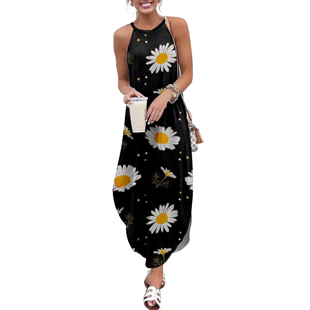 

Daisy flowers Print Women Casual Short Sleeve Camisole Dress Long Double Pocket Beach Resort Woman Dress-