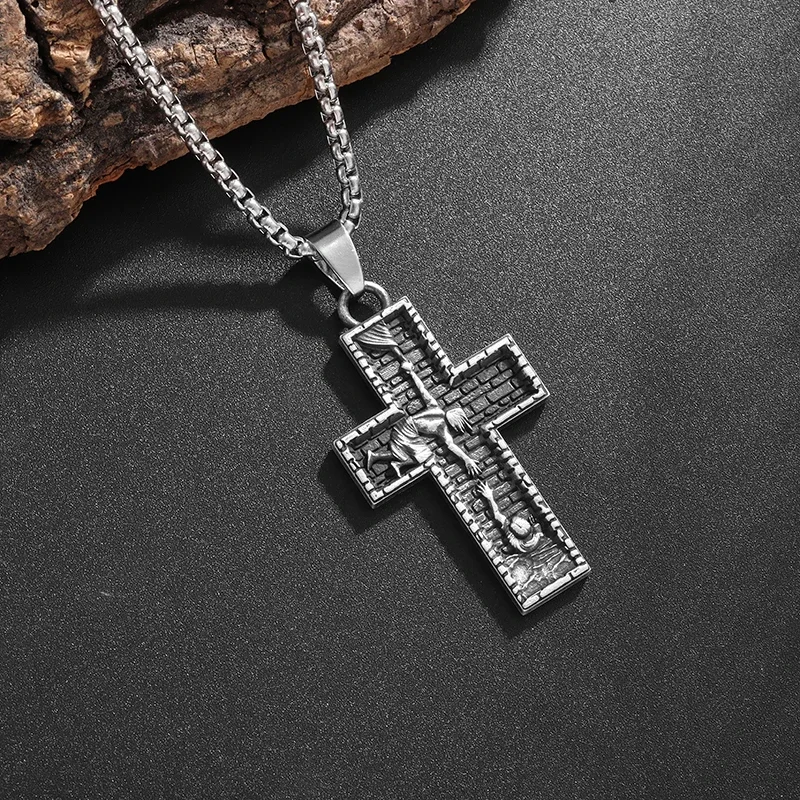 Fashionable Stainless Steel Savior Cross Pendant Lucky Prayer Necklace Women Men Personalized Daily Universal