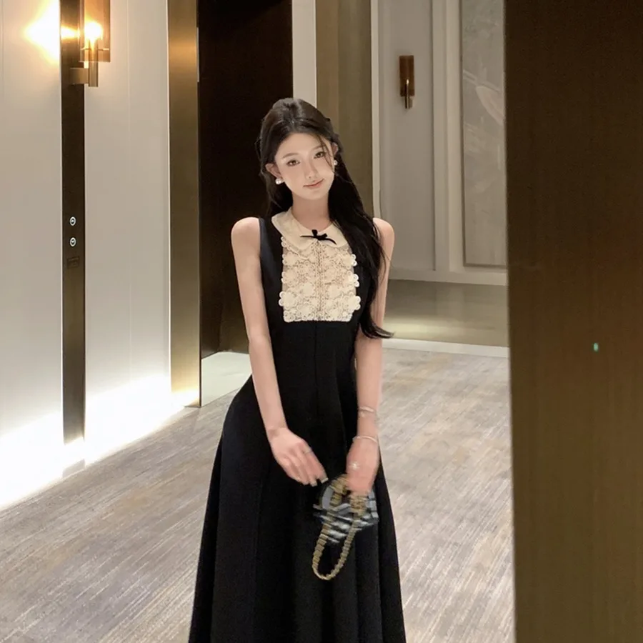 Vestido Longo Feminino Estilo Hepburn Retrô Sexy com Painel de Renda e Cintura Fina, Nova Moda de Verão, Vestido A-Line de Ci...
