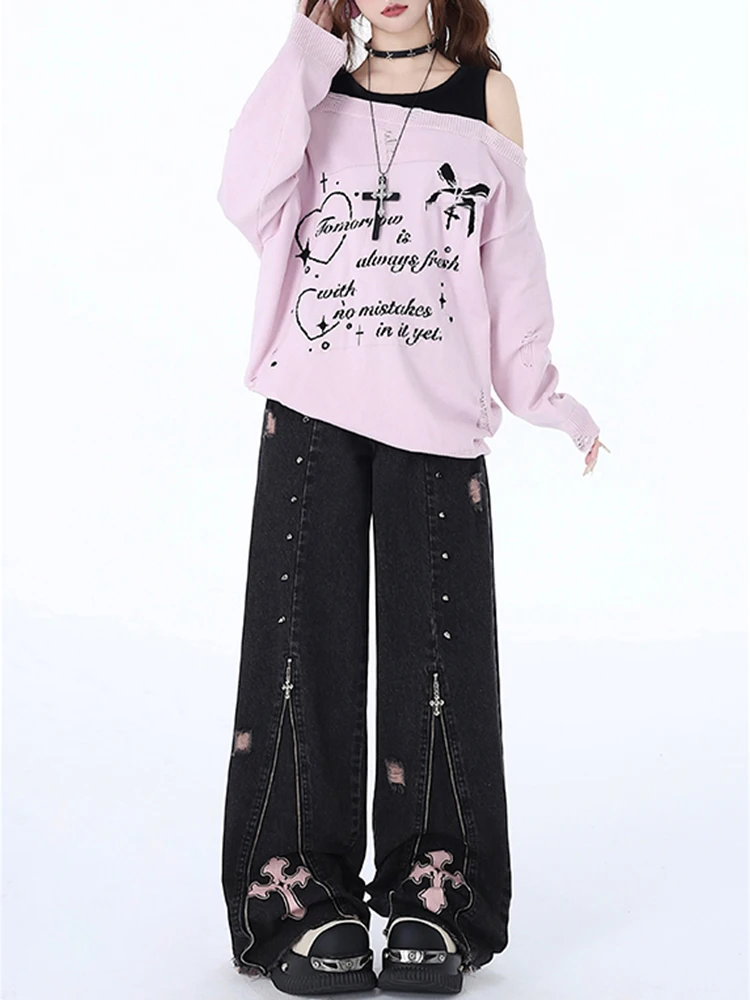 เสื้อผ้าผู้หญิง Black Gothic กางเกงยีนส์ 90s Aesthetic Y2k Oversize กางเกงยีนส์ Vintage Harajuku เกาหลี Emo 2000s ถังขยะ Jean กางเกง