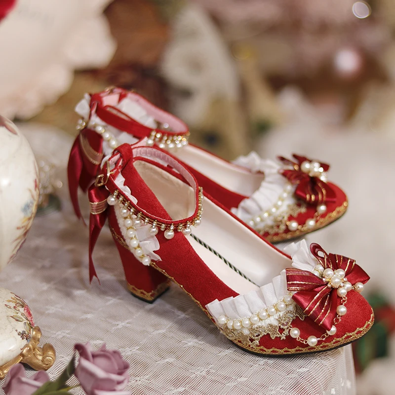 Original Lolita Shoes Chinese Red Chinese Style High Heel Lolita Wedding Shoes Sweet Flower Wedding Shoes Heel Height 6cm