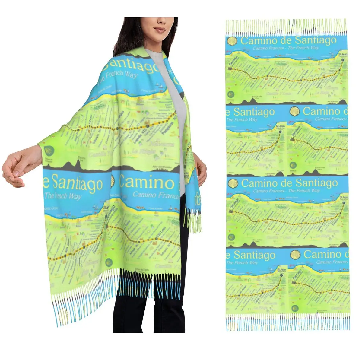 

Шарф с картой Camino De Santiago, шарфы с кисточками для женщин, мягкие теплые шали и накидки, большая осенне-зимняя шаль