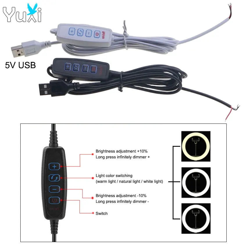 YuXi Schwarz Weiß 5V LED Dimmer USB Port Netzteil Linie Dimmen Farbabstimmung 2m Externes Schalter Steuerkabel