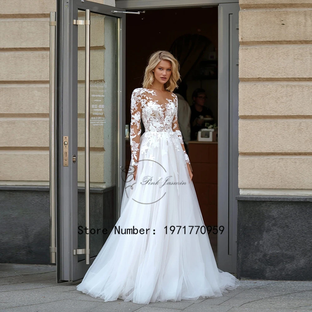 

Exquisite Wedding Dresses Scoop Neck Full Sleeves Applique Elegant Bride Gowns Button Back Court Train vestido de noiva 2024 New