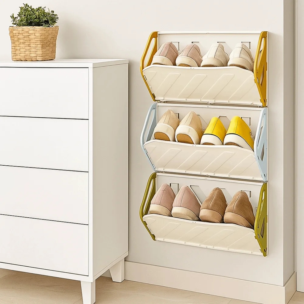 Durable Plastic Folding Shoe Rack No Punching Space Saving Wall-Mounted Shoe Rack Large Capacity Door Shoe Rack Entryway