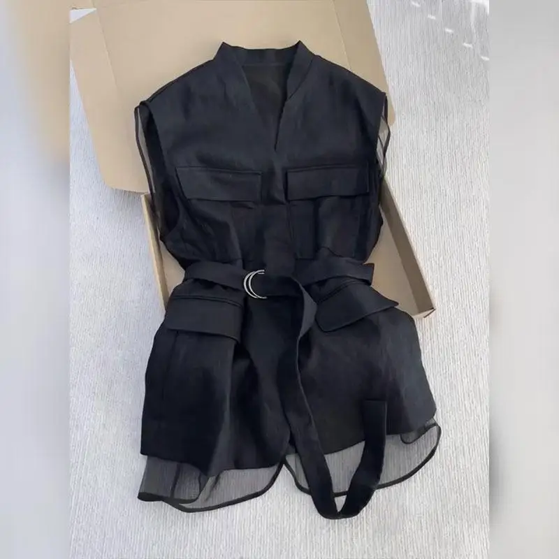

Korean Summer 2025 Black Sleeveless Vest Tops for Women V Neck Slim Waist Mesh Patchwork Shirt Elegant Office Casual Waistcoat