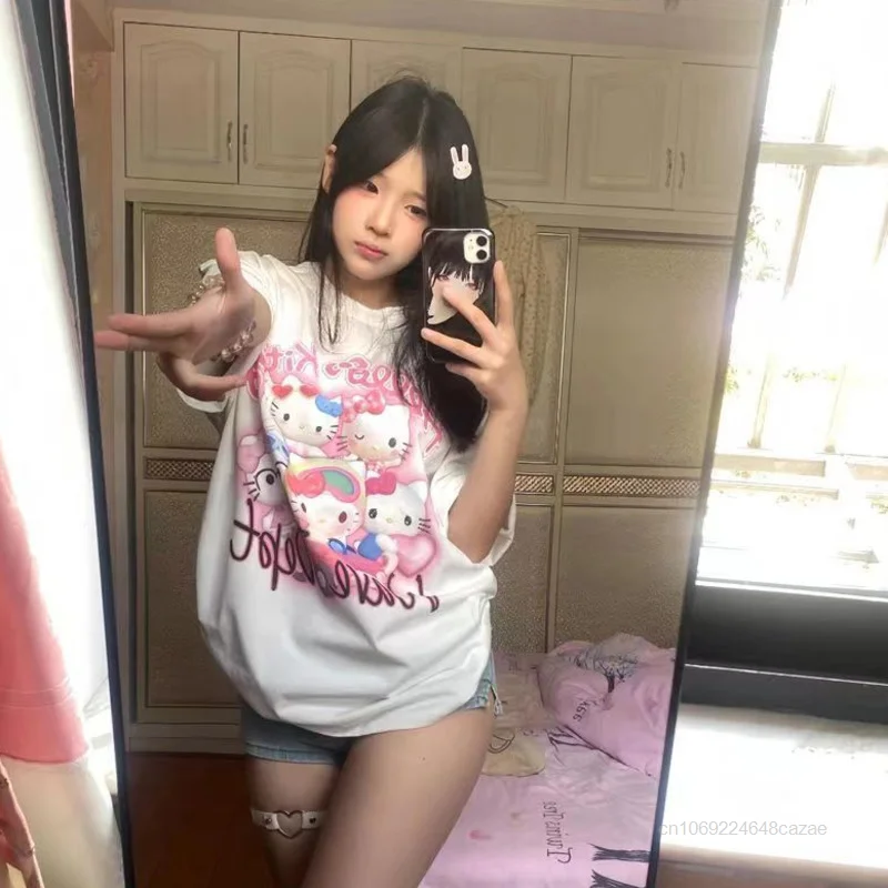 Sanrio Hello Kitty Clothes Y2k Cute Tops Cartoon Printed Summer Short Sleeve T-shirts Japan Korean Style Couples Loose Tee Shirt