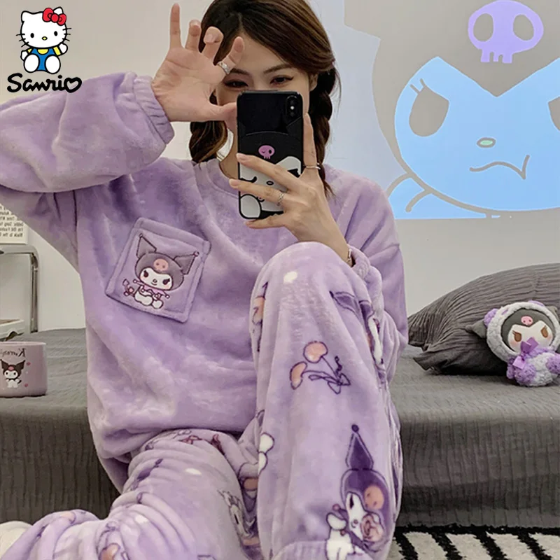 Kawaii Sanrio Pajamas Cinnamoroll Pajama Pants Kuromi Homewear Winter Warm Clothing Set Coral Fleece Sleepwear Women Xmas Gifts