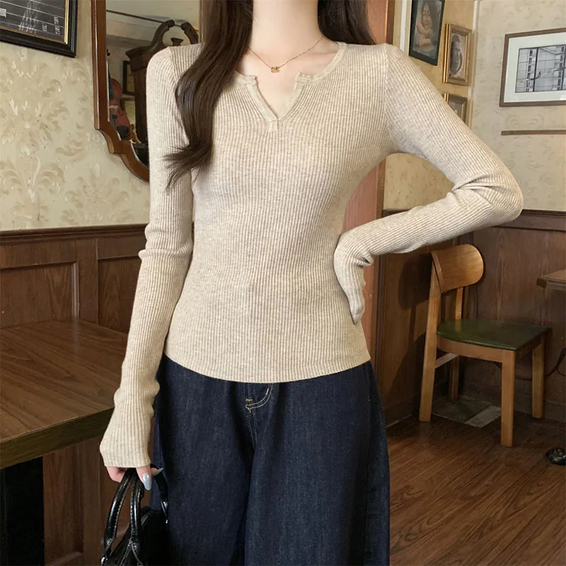 Small Split V Neck Ribbed Knit Sweater Women Korean Slim Fit Long Sleeve Basic Daily Pullover Top Elegant Soft Casual Sweaters