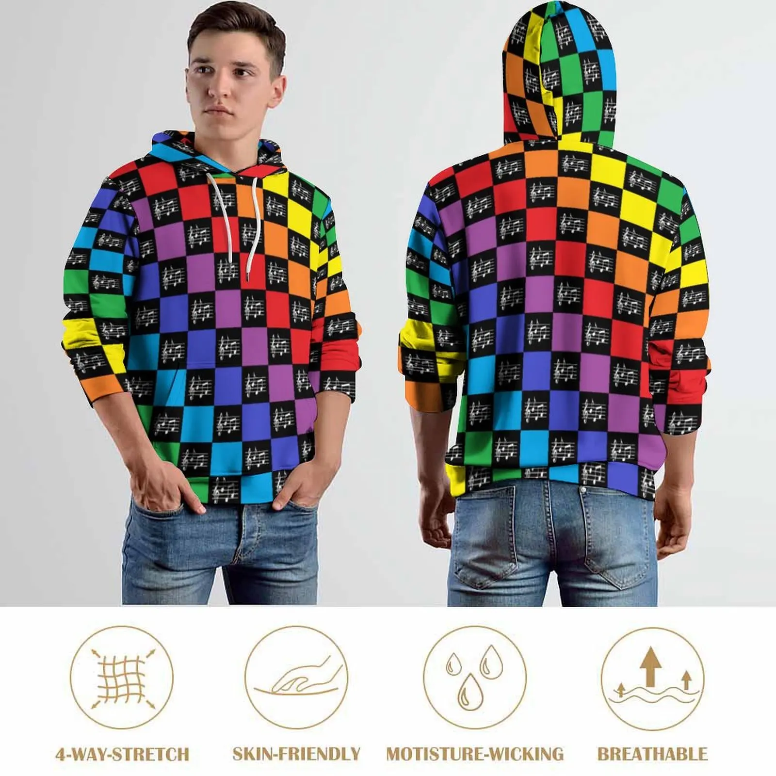 Sweat à capuche à carreaux à manches longues Rainbow Music Notes, Hip Hop, Surdimensionné, Graphique, PVD, Rétro, Décontracté, Automne