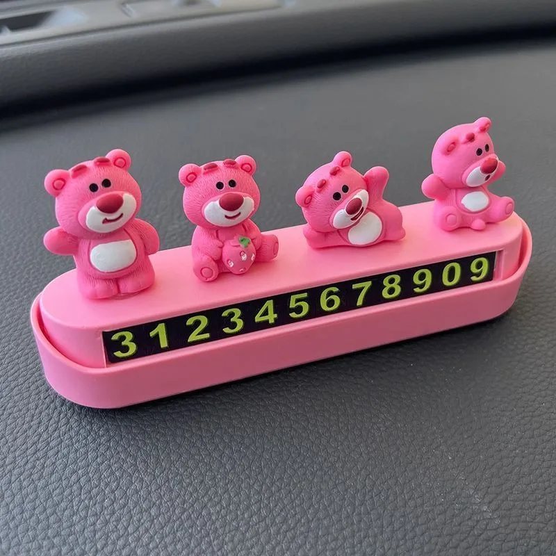 Cartoon Disney Lotso three-dimensional cute pink car moving ornament with one click to hide temporary parking clear number plate