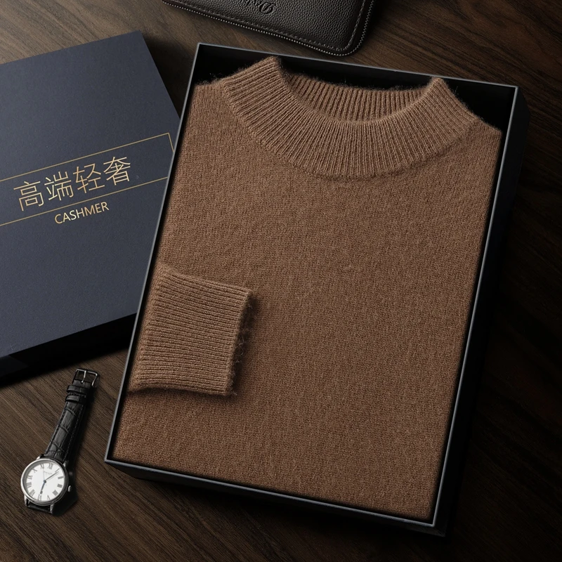

100% Cashmere Quality Business Autumn Winter Men's Casual Fashion Versatile Half-High Neck Thick Solid Color Comfortable Sweater