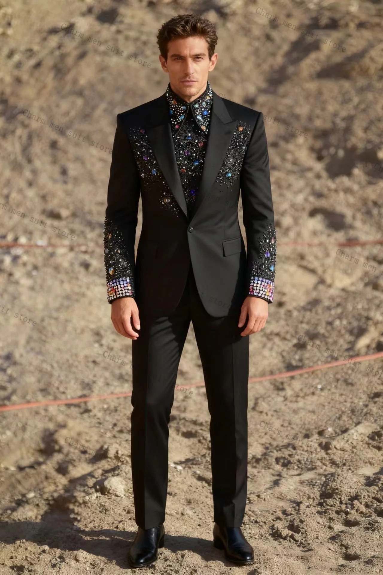 

Luxury Black Men Suits Set 2 Pcs Crystals Blazer+Pants Trousers Cotton Wedding Tuxedo Formal Office Business Groom Jacket Coat