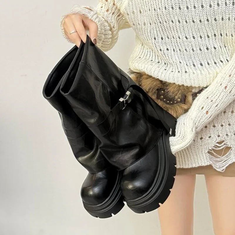 جديد امرأة الأحذية الركبة عالية منصة حذاء بكعب سميك الاتجاه الشرير القوطية روك الجلود موضة أحذية نسائية دراجة نارية الأحذية الأحذية #6