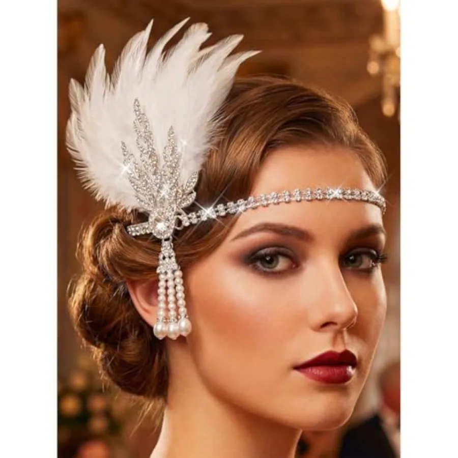

1920s Flapper Feather Headband Leaf Rhinestones Headpiece Pearl Roaring 20s Headdress Hair Accessories for Women,One Size