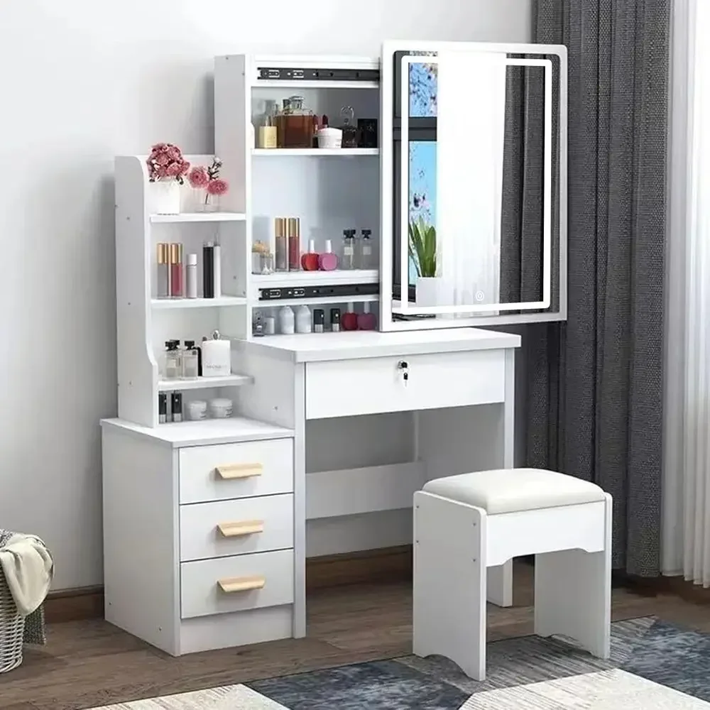Lighted Makeup Vanity Desk with Mirror, 3 Color & 3 Drawer Storage, White