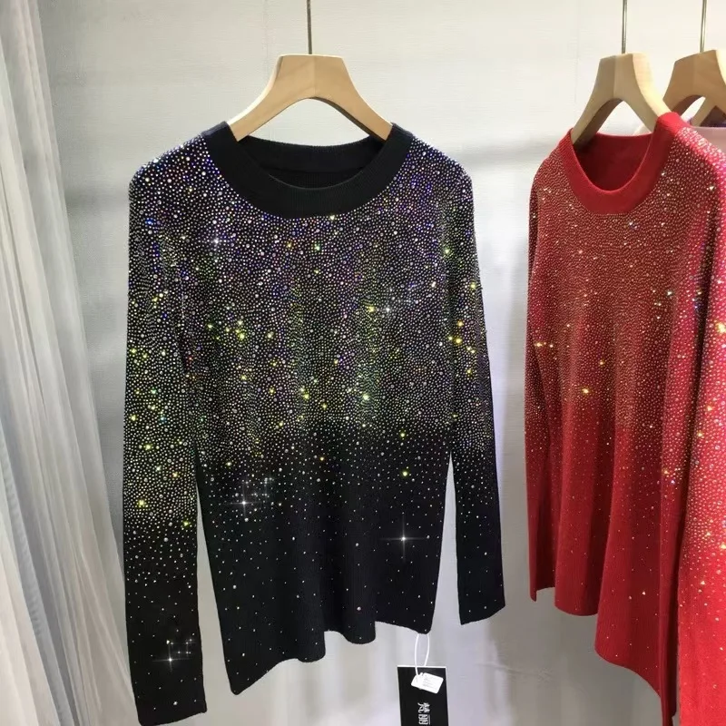 Luxury Style Sparkling Rhinestones Hot Drilling Slim Fit Knitted Pullover for Women's Round Neck Autumn Winter Sweaters Tops