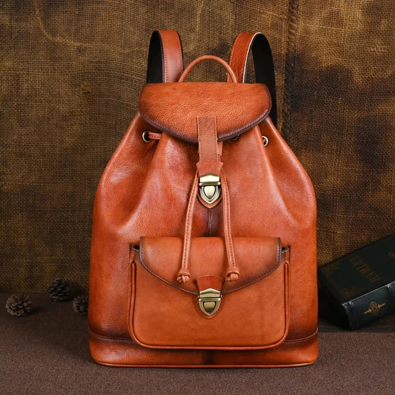 Vintage Women Original Leather Luxury Cowhide School Bag For Girls Anti-theft Feminina Travel Backpack