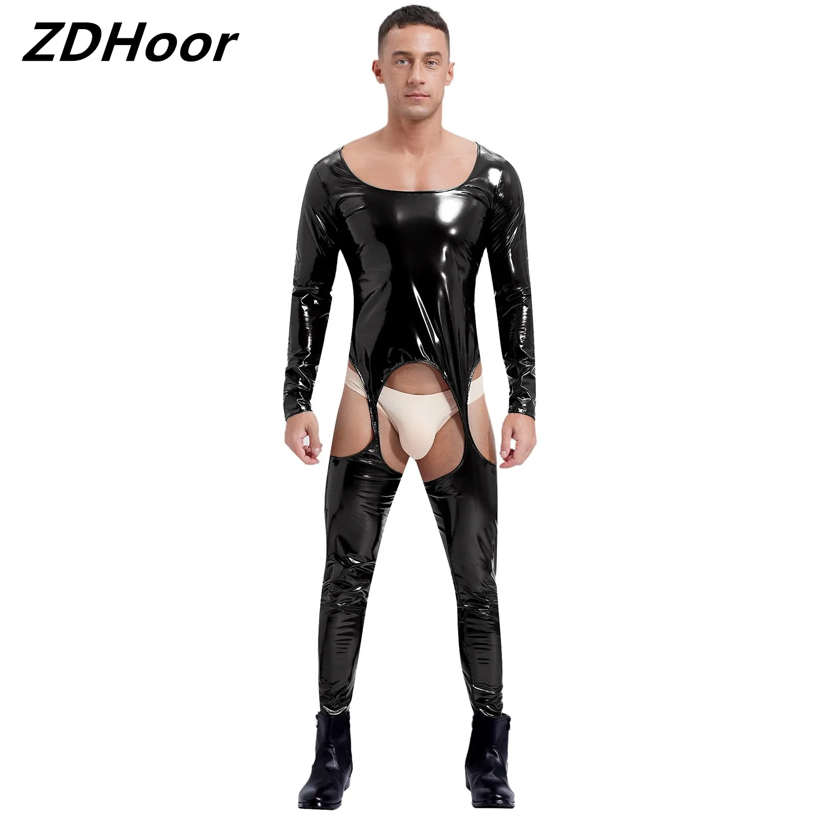 

Glossy Skinny Bodysuit for Mens Patent Leather Full Bodysuit Low Square Neck Long Sleeve Open Crotch Jumpsuit Overalls Clubwear