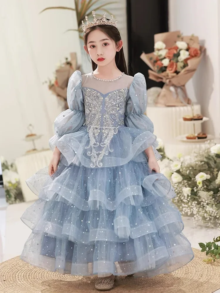 Customized Blue Fashion Baby Flower Girl Dresses Puff Sleeves Tulle Sequins Children Prom Birthday Party Gowns