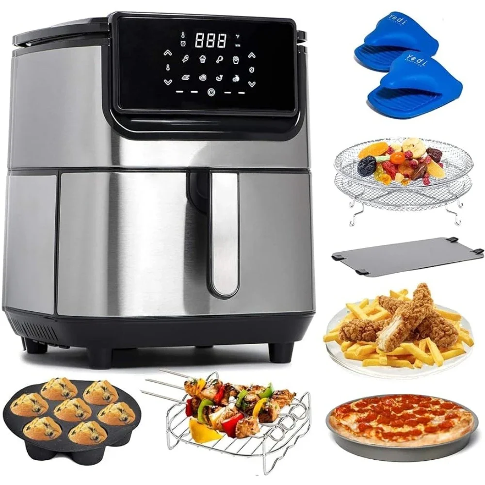 Air fryer, 6.8 quarts, stainless steel, ceramic cooking basket, with luxurious accessory kit and recipe book