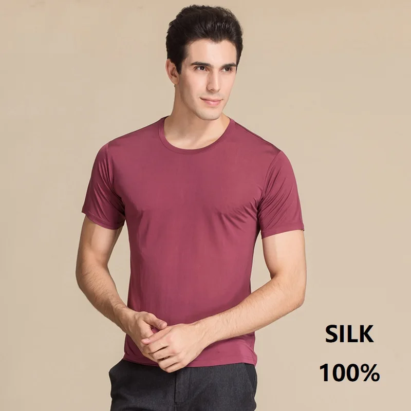 100 silk luxury t shirt men summer clothes red top man shirts tshirt white tops tee fashion t-shirt vintage men's clothing black