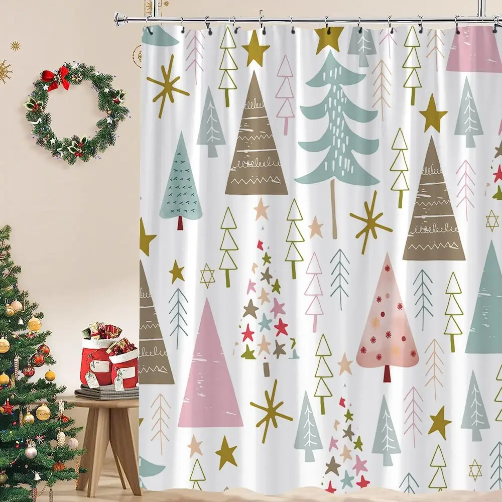 

Веселая Рождественская занавеска для душа Зеленый Розовый Синий Рождественские елки Звезды Снежный узор Снежинка Зимние каникулы Милый мультфильм Счастливый