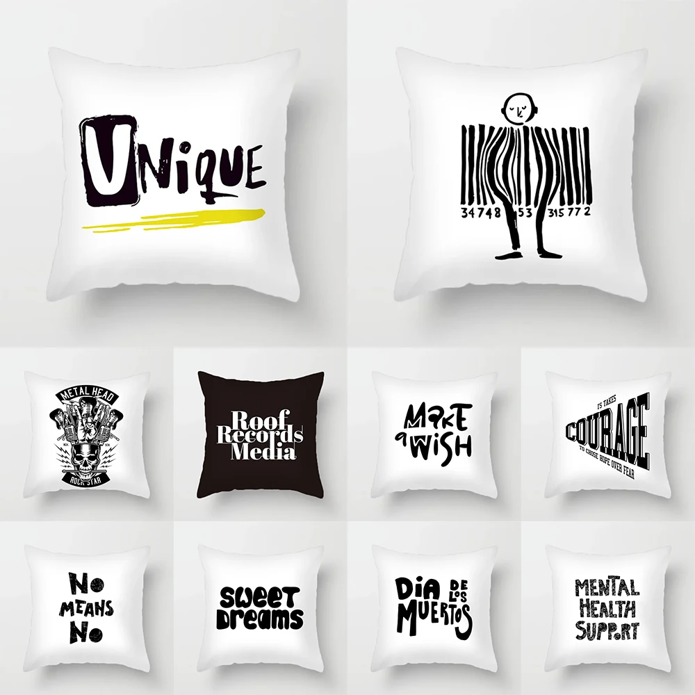 

Black creative letter printed pattern polyester cushion cover for home living room sofa bedroom decoration pillowcase 45X45cm