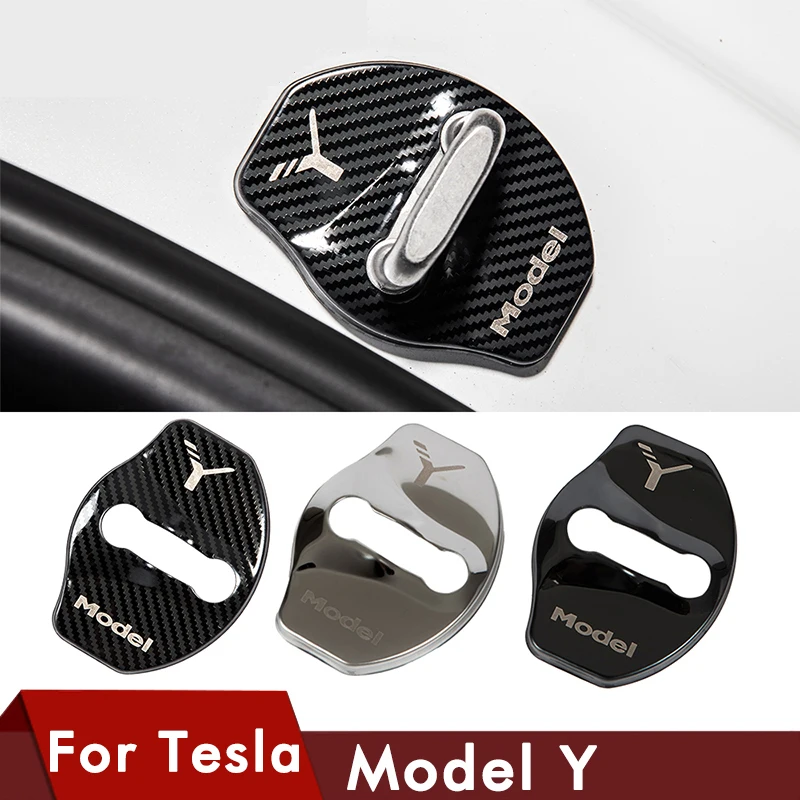 2022 Car Door Lock Buckle Cover For Tesla Model Y Accessories Door Lock Carbon Fiber Metal Sticker Automobile Decoration