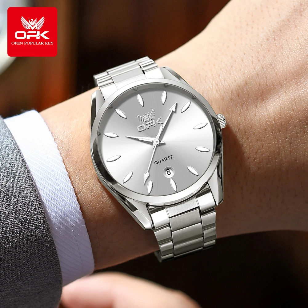 OPK 6038 Men\'s Watch Silver Stainless steel Deep Waterproof Calendar Man Hand Clock