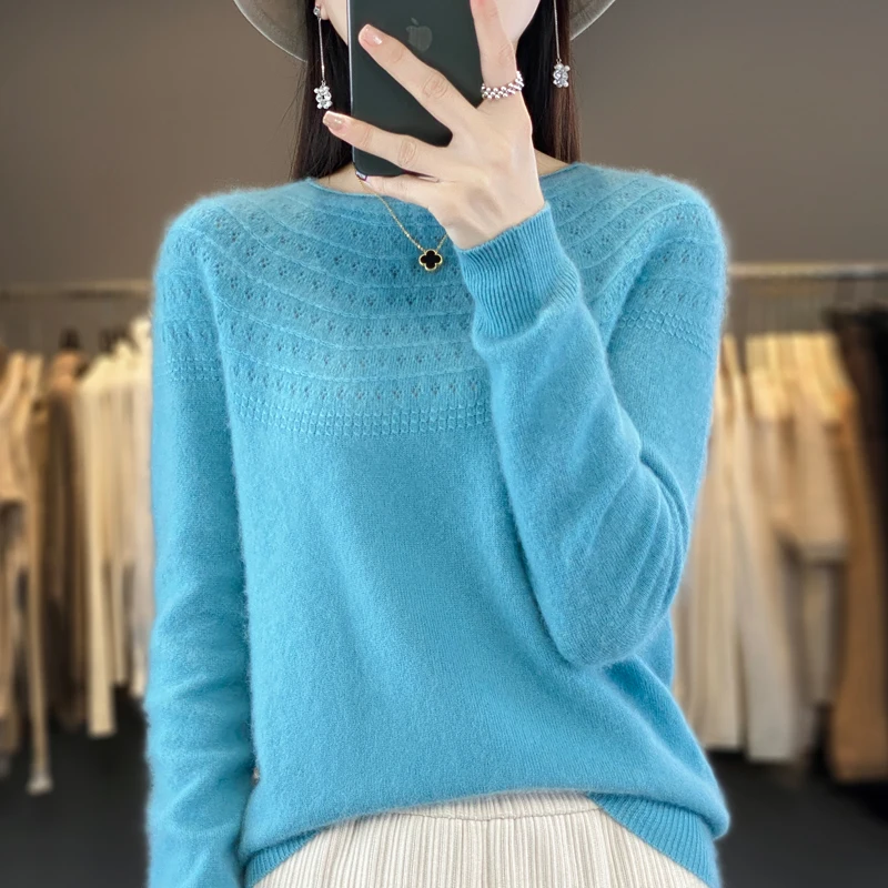 

2023 Autumn/Winter New Seamless Single Thread Readymade Women's Pullover 100% Wool Round Neck Hollow Top Sweater Soft Top