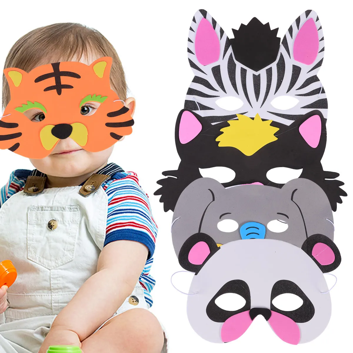 

5 Pcs Animal Face Masks Kids Carnival Costume Mask Elephant Tiger Zebra Panda Black Cat EVA Comfortable Toy for School