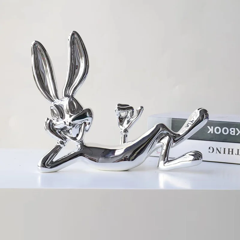 Trendy reclining rabbit figurine, cartoon-style modern home decor for living room, TV cabinet
