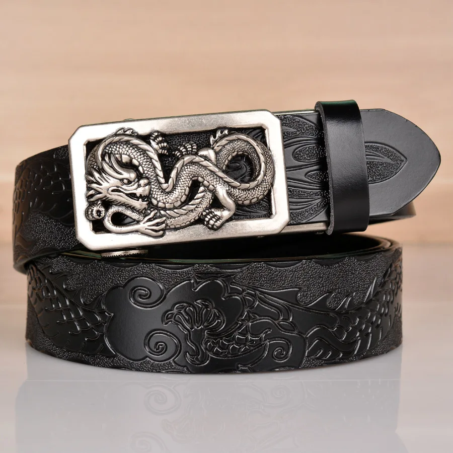 Men’s High Quality Dragon Design Alloy Buckle Leather Belt,Emboss Split Cow Leather Belt,Men Jeans&Casual Pants Accessories Must