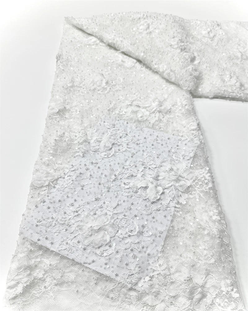 

Nice White Unique Design Embrordered Net Lace Sequins White Beads High Quality Fabric For Party Evening Dress