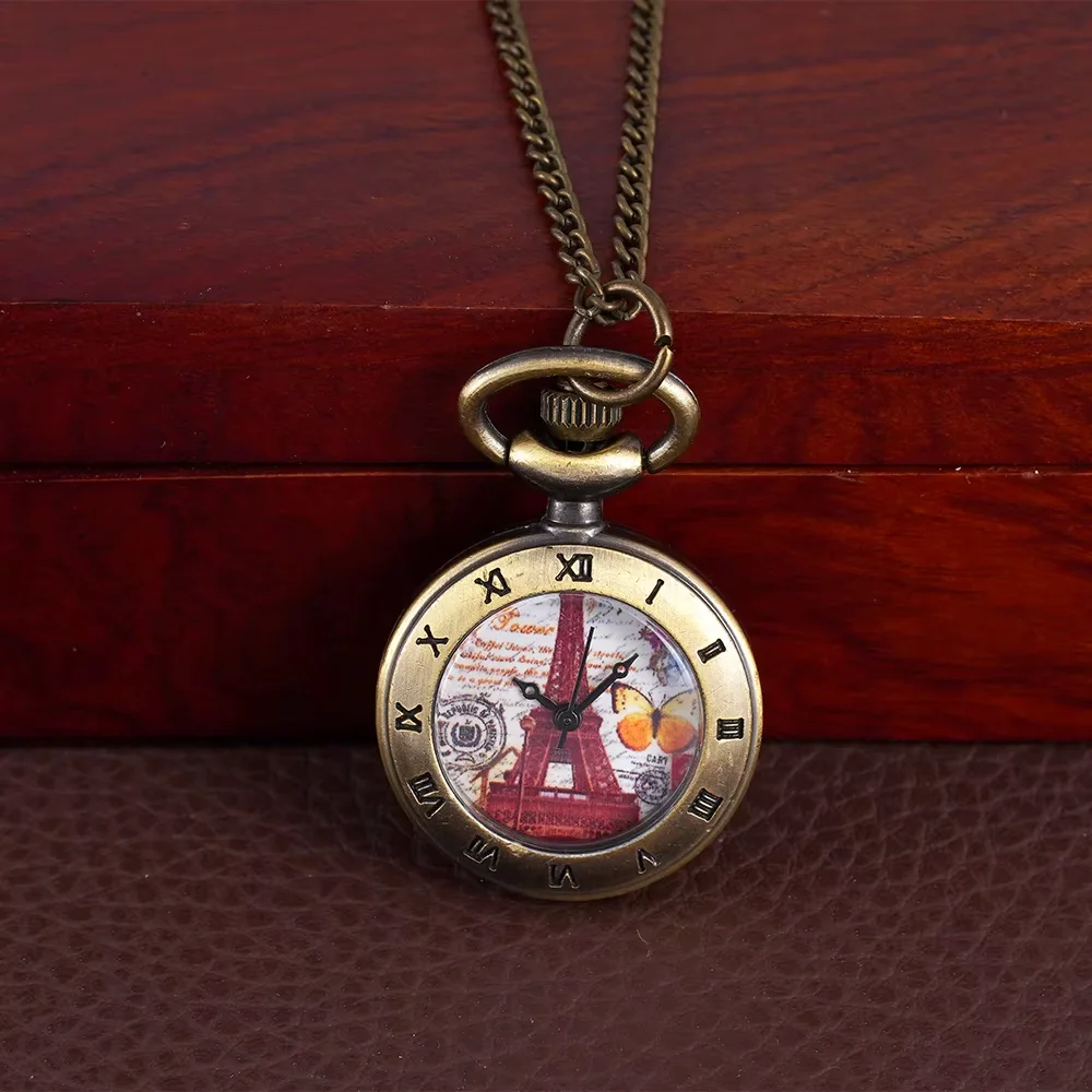 Small pocket Watch Bronze single case quartz Roman scale tower and butterfly pattern pocket watch