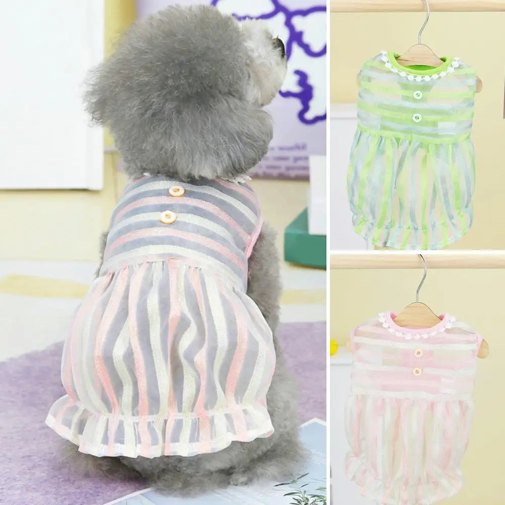 Breathable Mesh Dog Dress Striped Print Buttons Decor Ruffled Hem Pet Costume Patchwork Puppy Summer Skirt For Small Dogs Girl