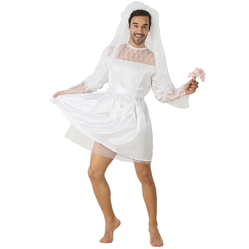 

Groom Bride Funny Cosplay Costume Men's Wedding Dress with Lace VeilI for Cross-Dressing Halloween Carnival Party Stage Shows