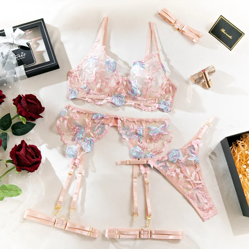 

Bikini Transparent Sexy Lingerie Heavy Embroidery Shaping Five-Piece Set